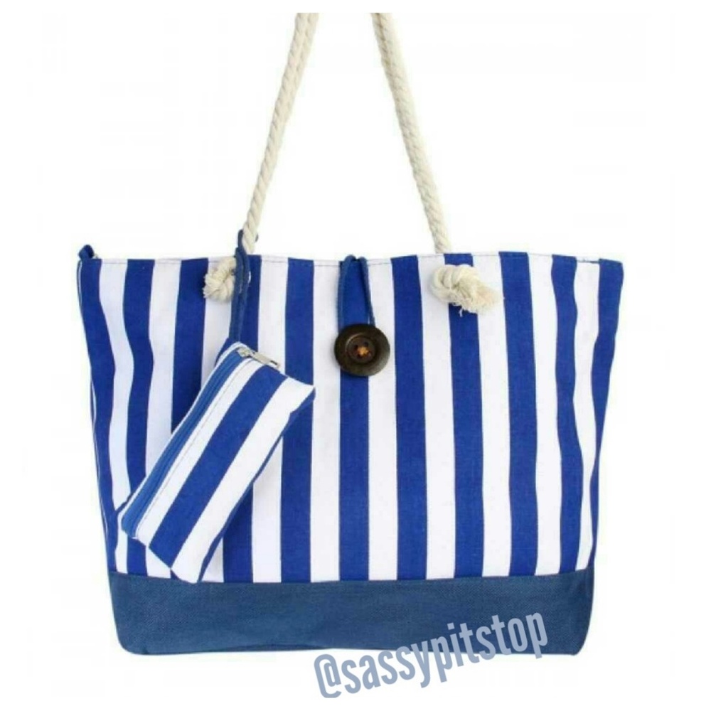 Nautical Blue White Stripe Large Tote Bag & Matching Pouch
